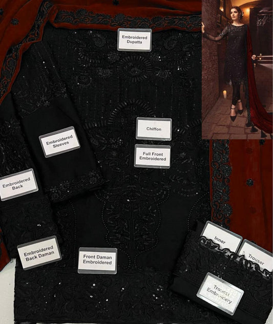 Maria B Premium  Black Maroon Unstitched Formal 3 Piece Suit