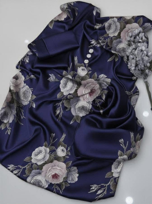 Faha Navy Blue Digital Printed Shamoz Silk 3 piece Suit