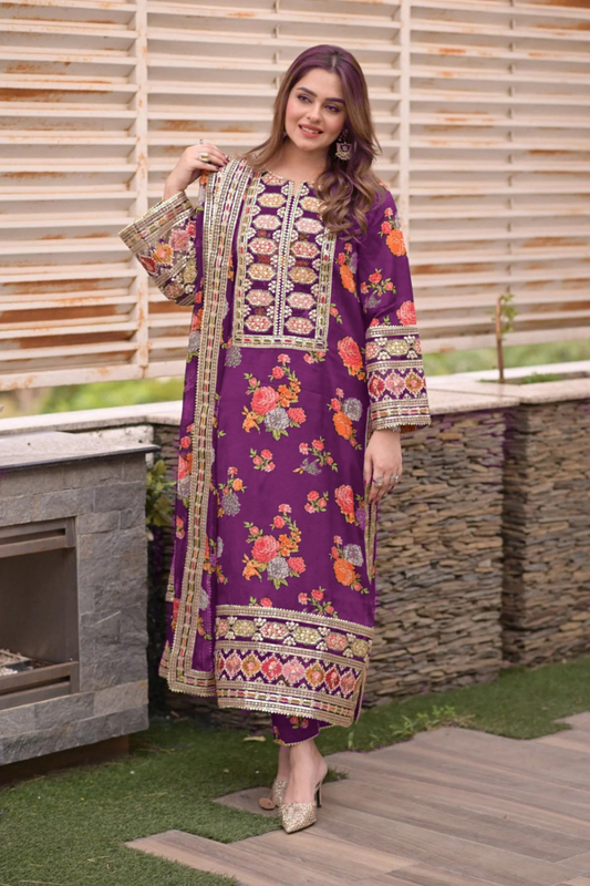 Aneelas Unstitched Silk Purple 3 Piece Suit