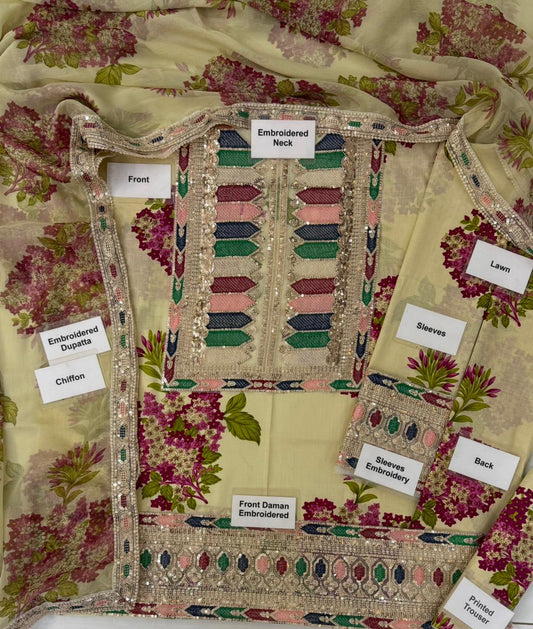 Sabya Sachi Skin Unstitched Luxury Lawn 3 Piece  Suit