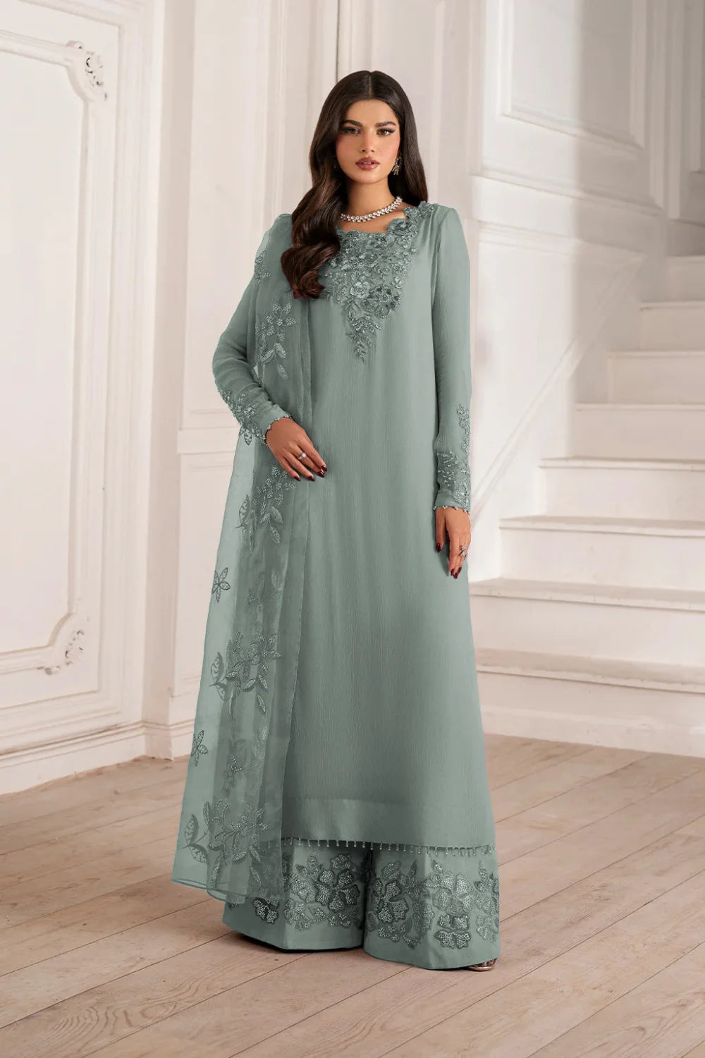 Iznik Sage Green Chiffon Unstitched 3-Piece Suit