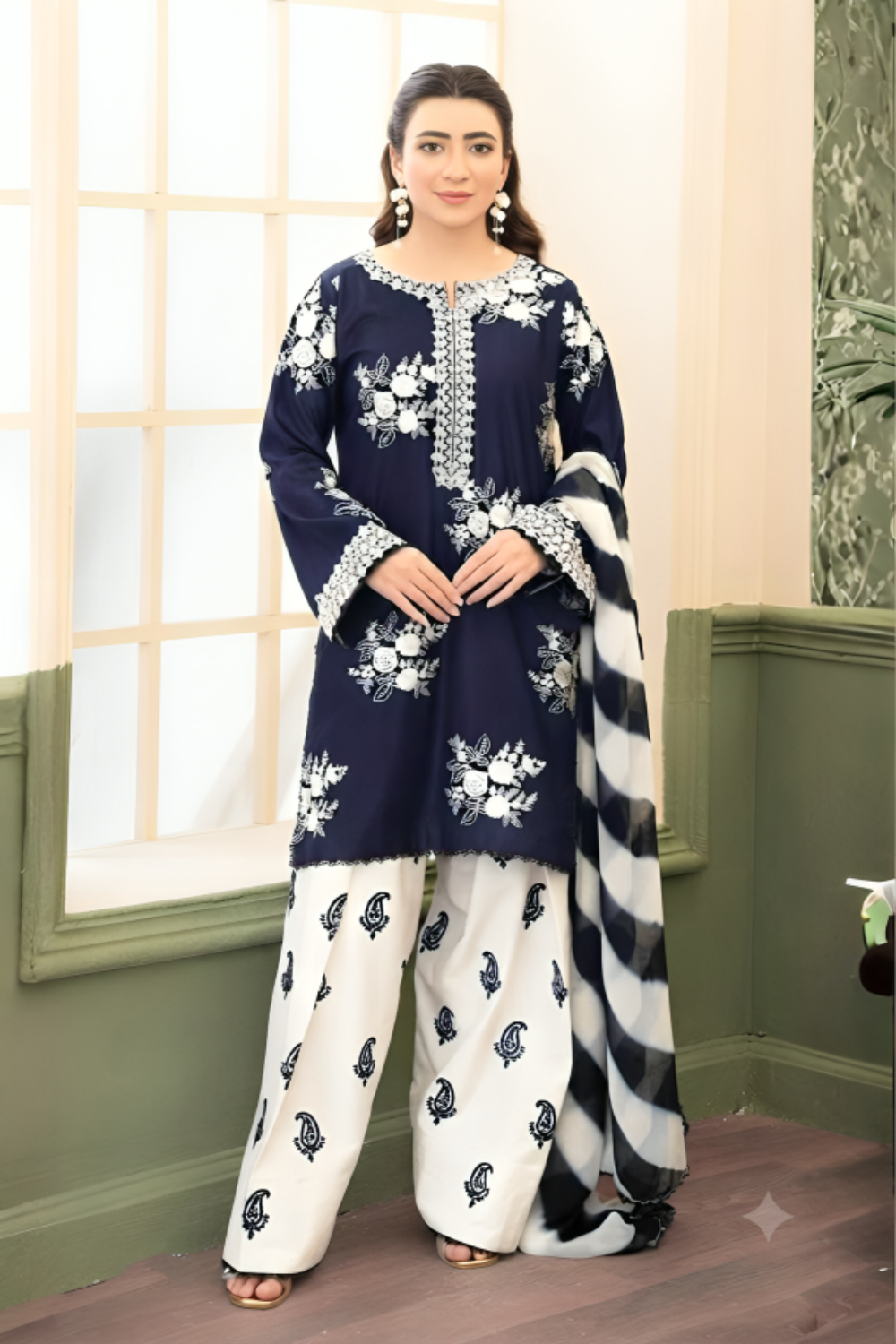 Zara Shahjahan Blue Lawn 3-Piece Suit