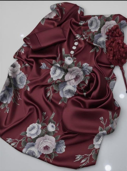 Faha Maroon Digital Printed Shamoz Silk 3 piece Suit