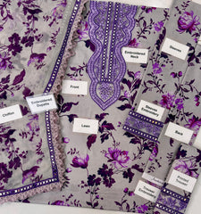 Unstitched 3 Piece Luxury Lawn Purple Lilac 9mm