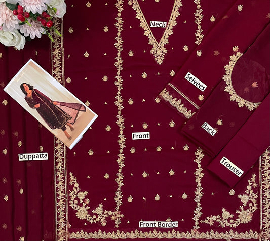 Iznik Maroon Embroidered Chiffon 3 Piece Suit