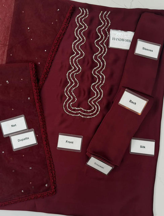 Lulusar Maroon Sammal Long Shamoz Silk Hand Embellished 3 Piece Dress