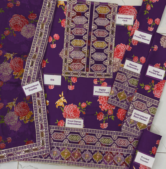 Aneelas Unstitched Silk Purple 3 Piece Suit
