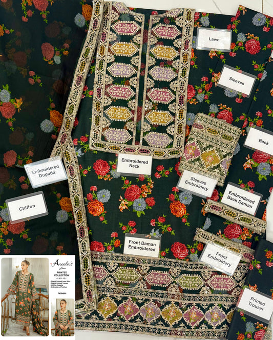 Aneelas Green Unstitched Luxury Lawn 3 Piece Suit