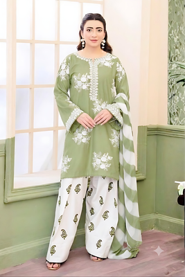 Zara Shahjahan Green Lawn 3-Piece Suit