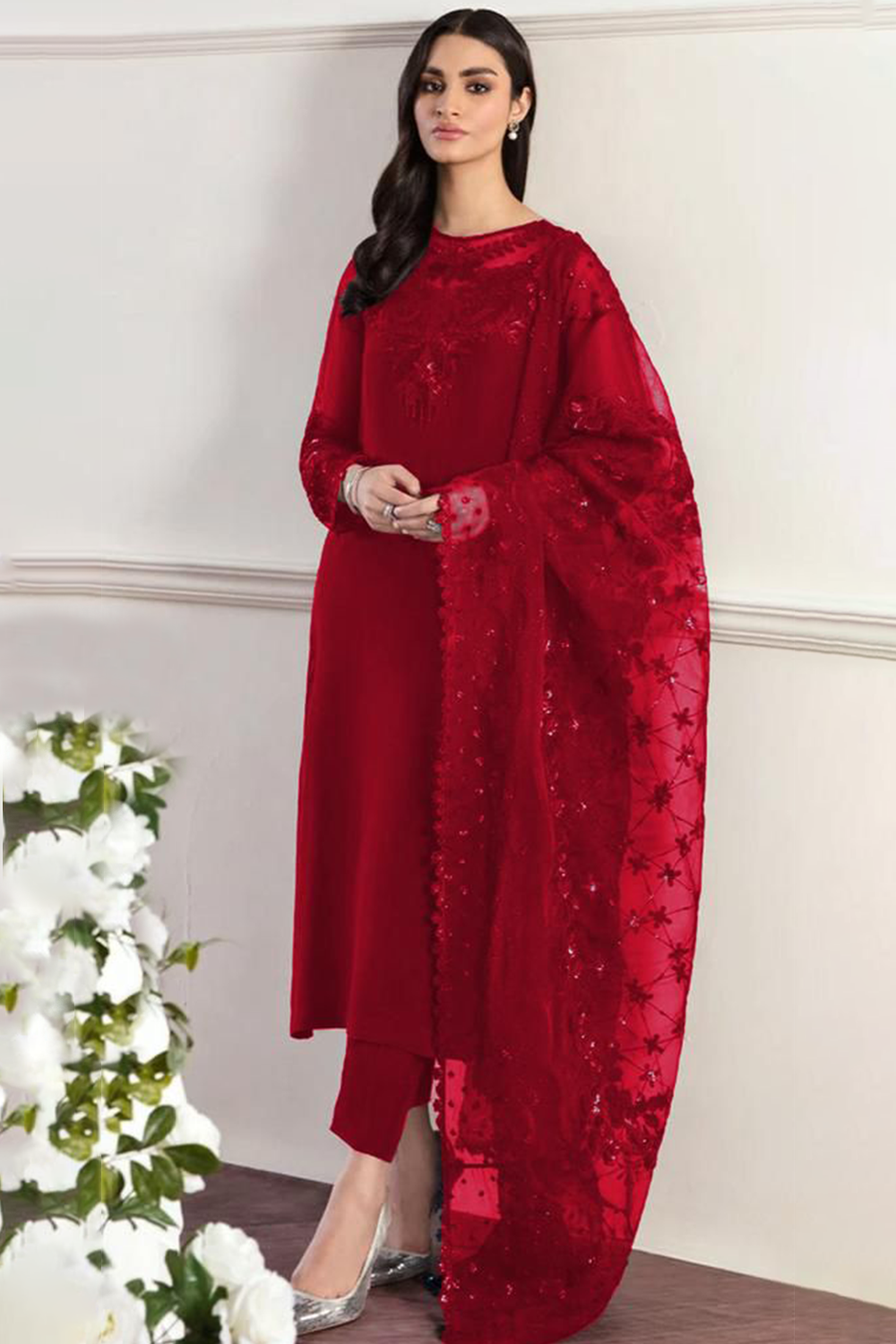 Unstiched Embriodered Chiffon + Organza 3 Piece Suit Red Color