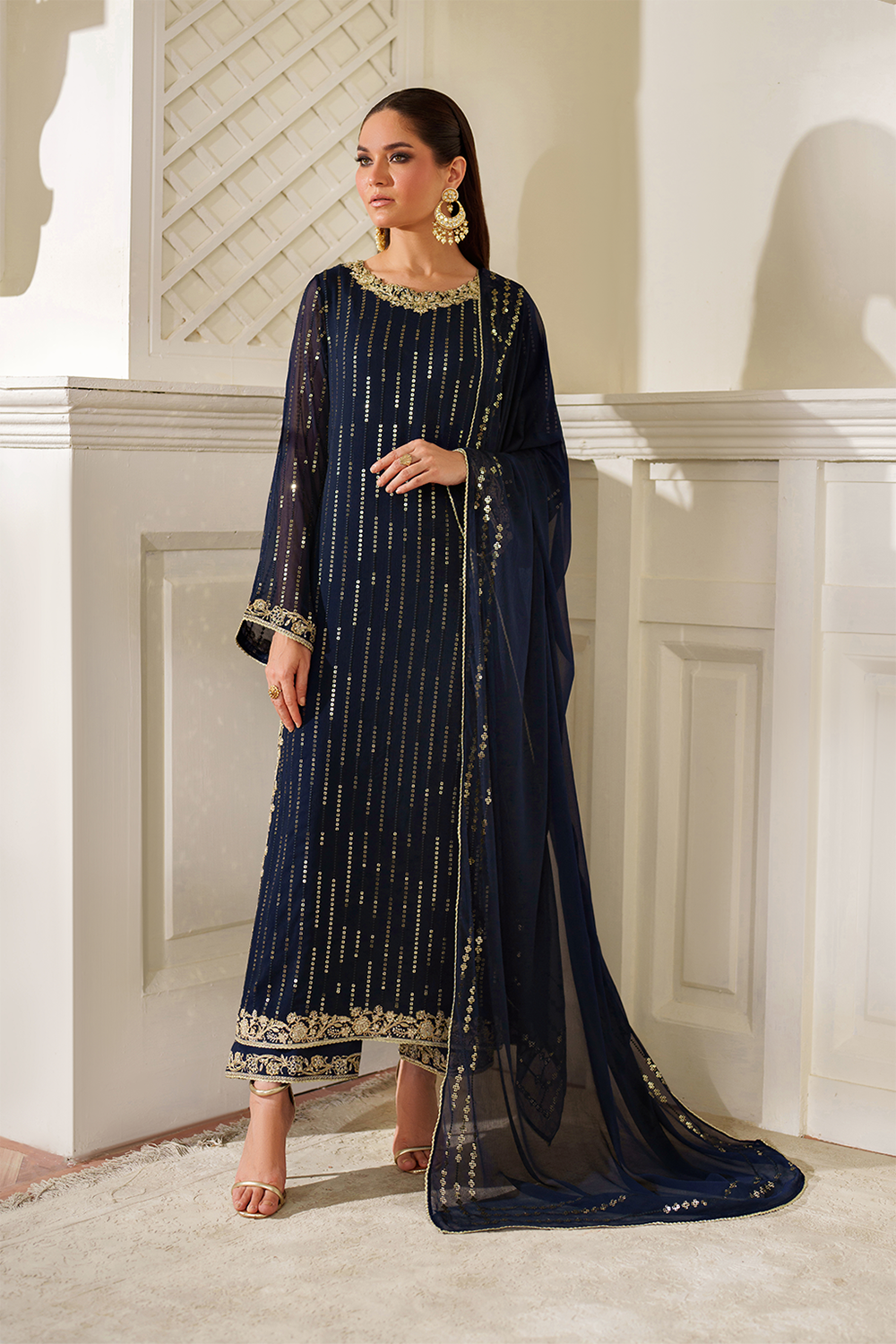 CC-89 NAVY & GOLD Formal Wear Unstitched Chiffon