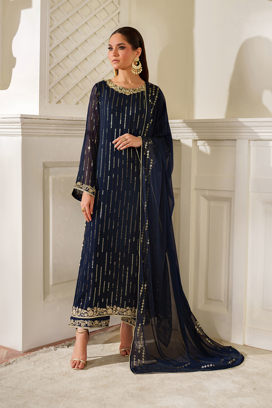 Iznik Navy & Gold Formal Wear Unstitched Chiffon 3-piece suit