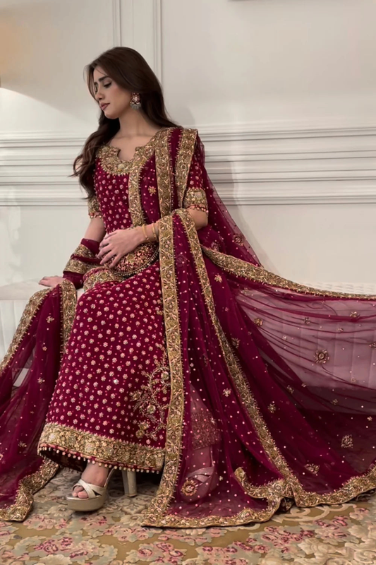 Haris Shakeel Deep Plum Heavily Embellished Lehenga Set