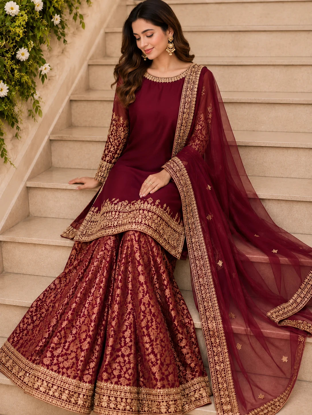 Satrangi Luxury Maroon Chiffon Unstitched 3 Piece Suit