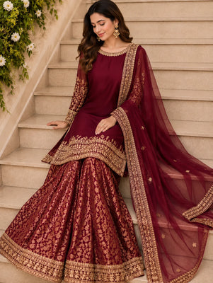 Satrangi Luxury Maroon Chiffon Unstitched 3 Piece Suit
