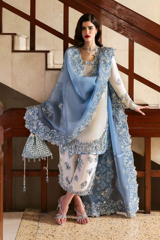 Hussain Rehar Sky Blue & White Luxury Embroidered 3 Piece Suit