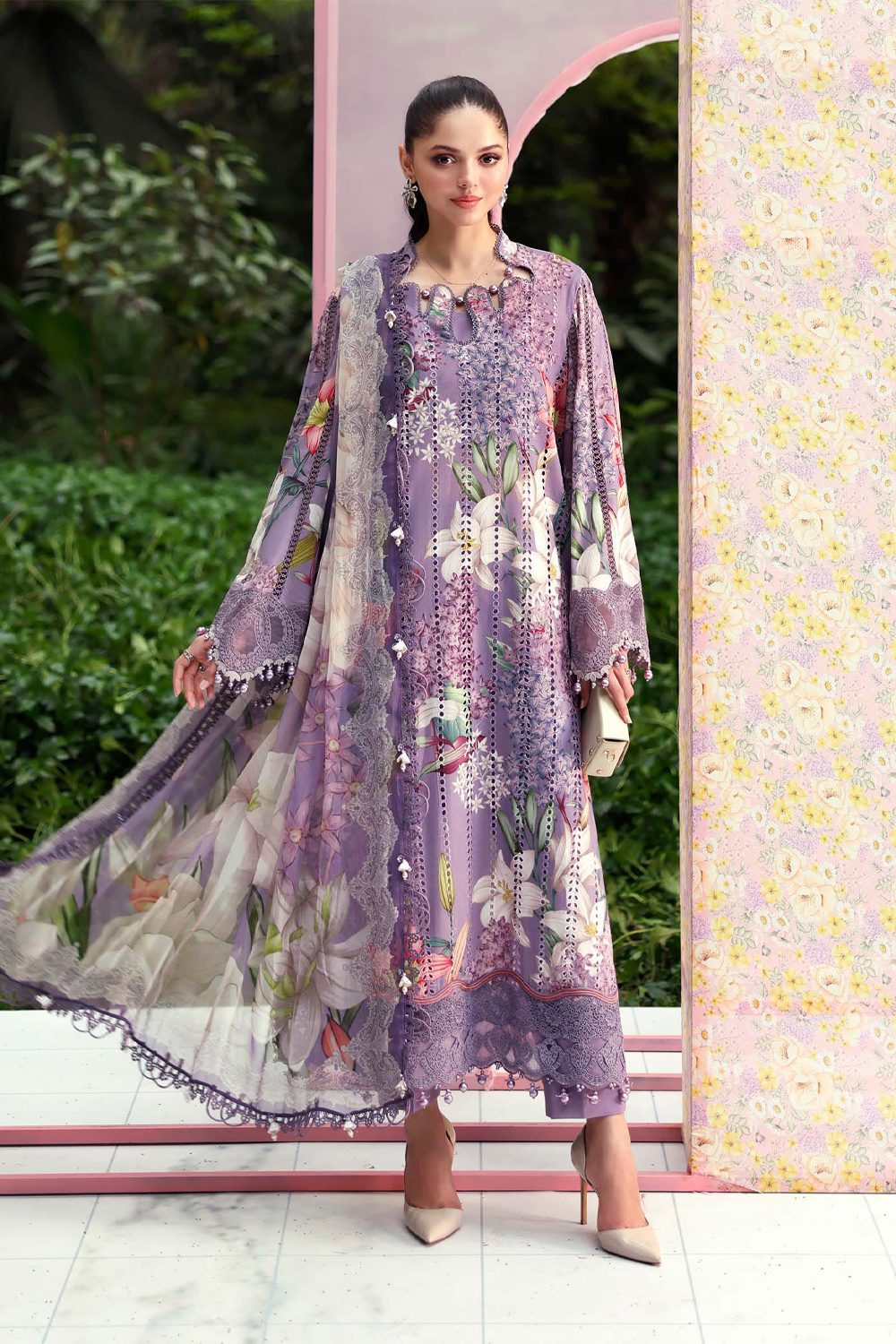 Maria B Floral Purple Luxury Embroidered  3 Piece Suit