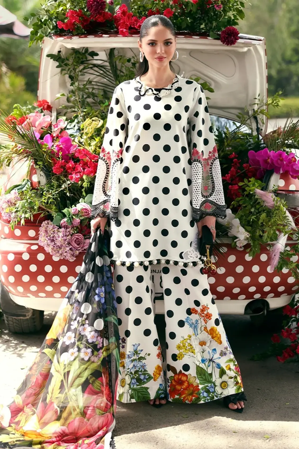 Maria.B White Polka Dot Digital Printed 3 Piece Suit