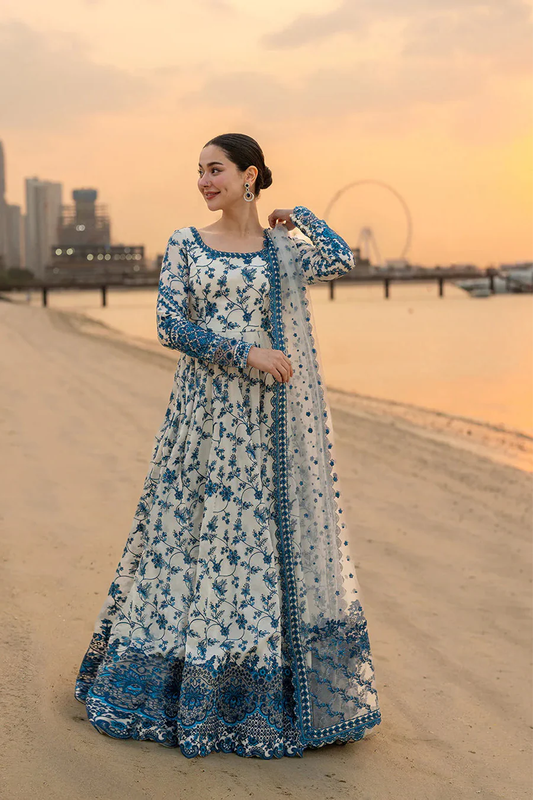 Faiza Saqlain Luxury Blue & White Maaxi