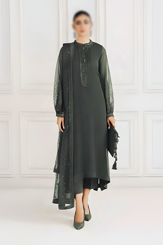 Baroque Olive Green Embroidered Chiffon 3-Piece Suit