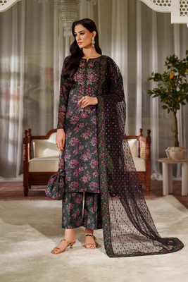 Iznik Black Floral Digital Printed Lawn 3 Piece Suit