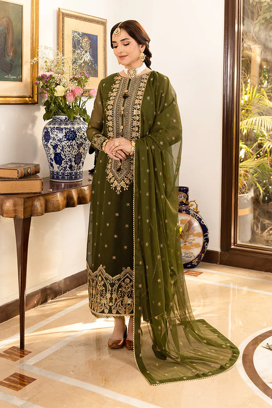 Asim Jofa Olive Green Chiffon 3-Piece Suit