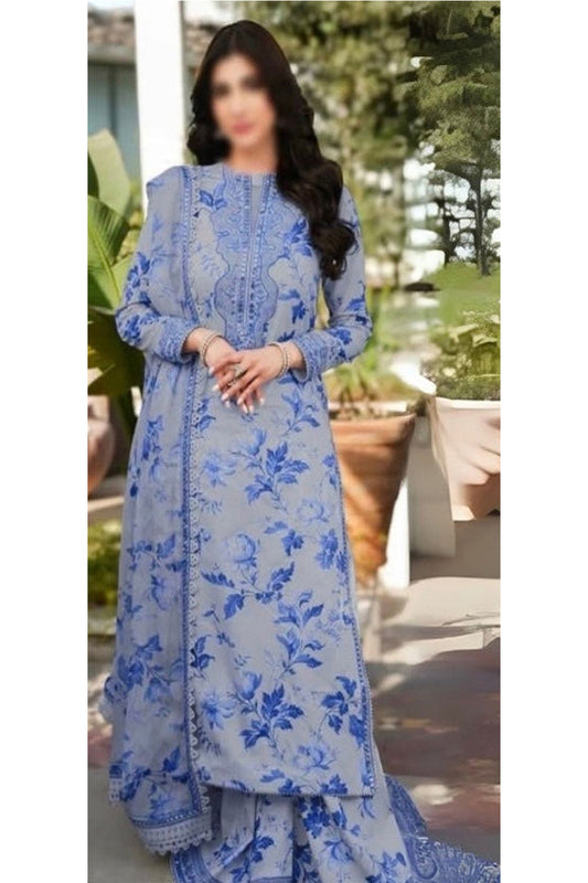 Aneelas Blue Grey Unstitched 3 Piece Suit Luxury Lawn