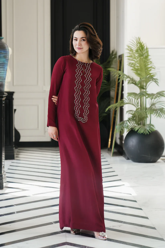 Lulusar Maroon Sammal Long Shamoz Silk Hand Embellished 3 Piece Dress