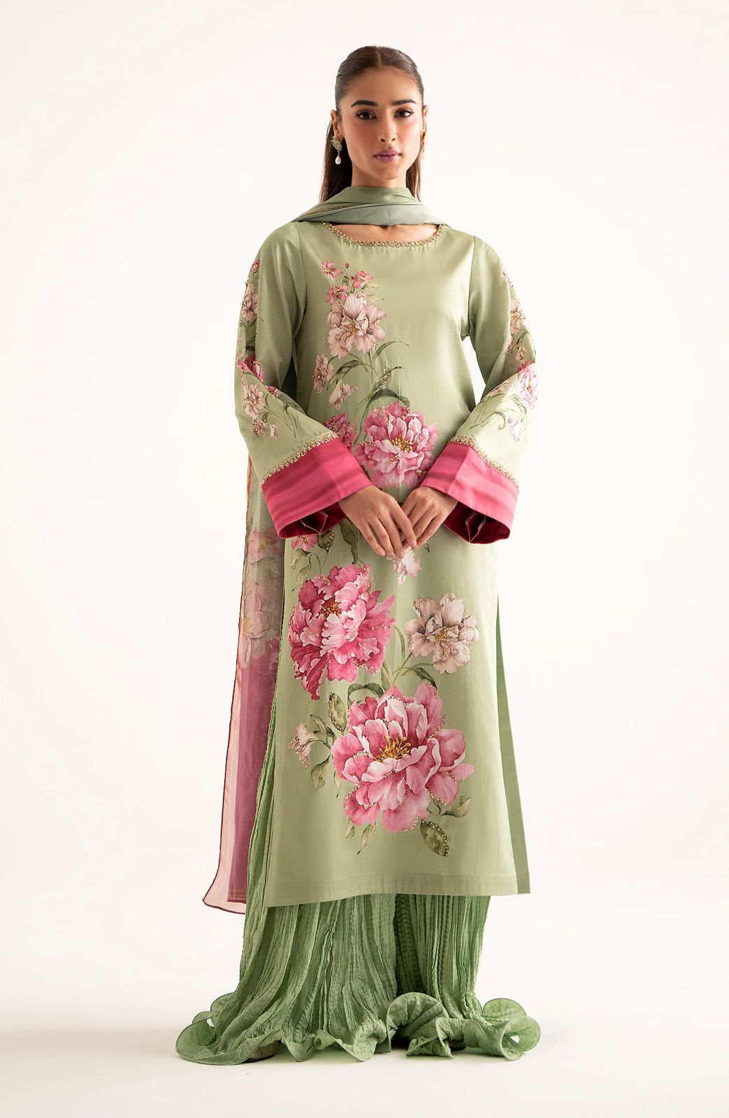 3 Piece Unstitched Silk Morich Floral Pistachio