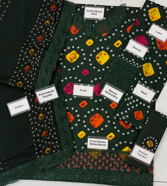 Aneelas Green Chunri Unstitched 3 Piece Luxury Lawn