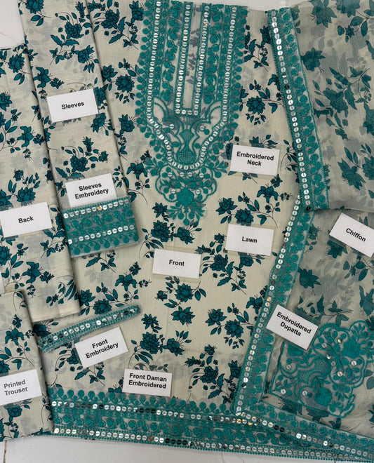 Aneelas Green Unstitched Luxury Lawn 3 Piece Suit
