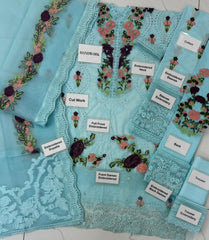 CRS-SKY BLUE Moonsoon Blooms Embroidered Lawn Chikankari Unstitched 3 Piece