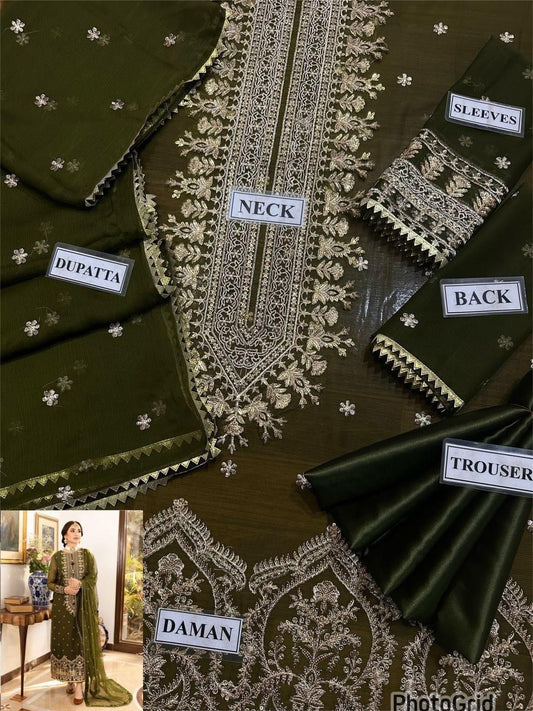 Asim Jofa Olive Green Chiffon 3-Piece Suit