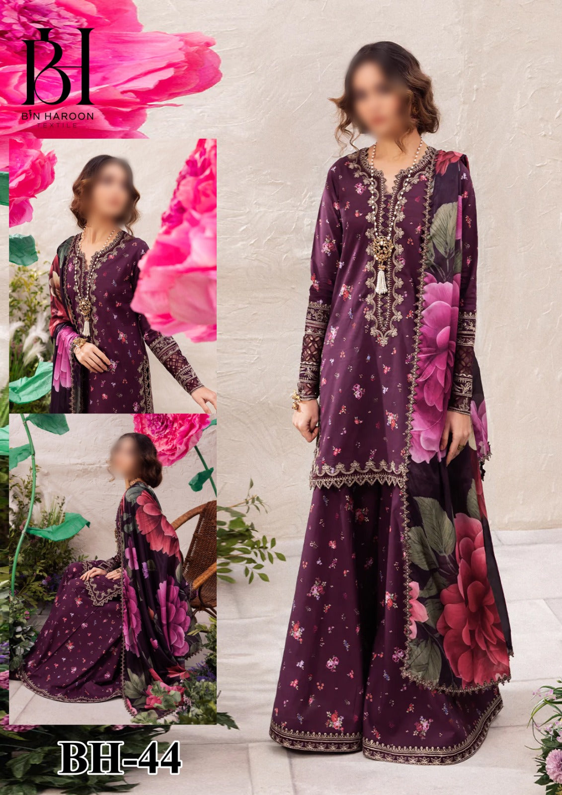 Bin Haroon Plum Silk 3-Piece Suit