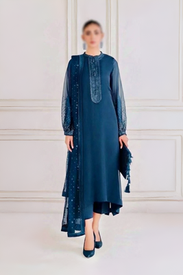 Baroque Blue Embroidered Chiffon 3-Piece Suit