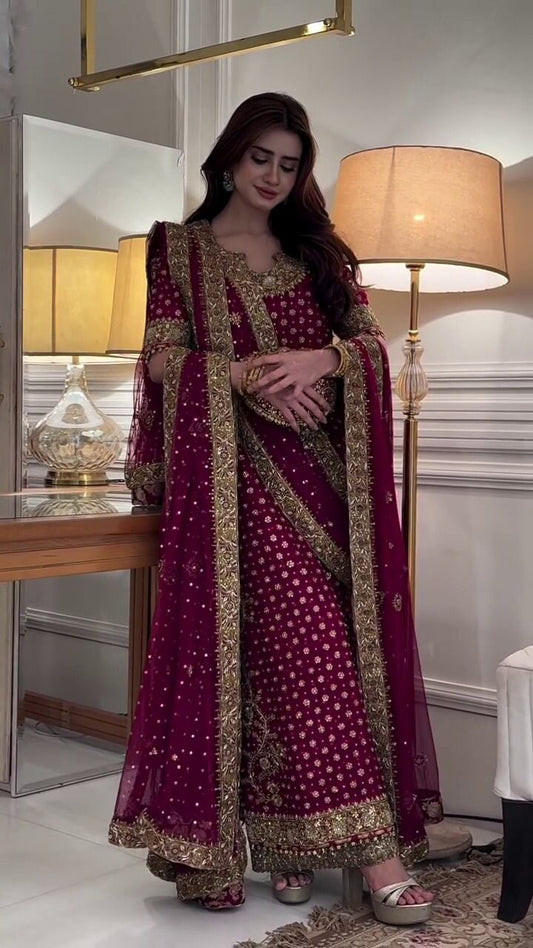 Haris Shakeel Deep Plum Heavily Embellished Lehenga Set