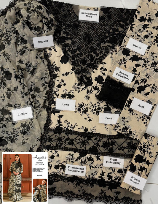ANEELAS Black & Skin PRINTED LUXURY LAWN 3 Piece Suit