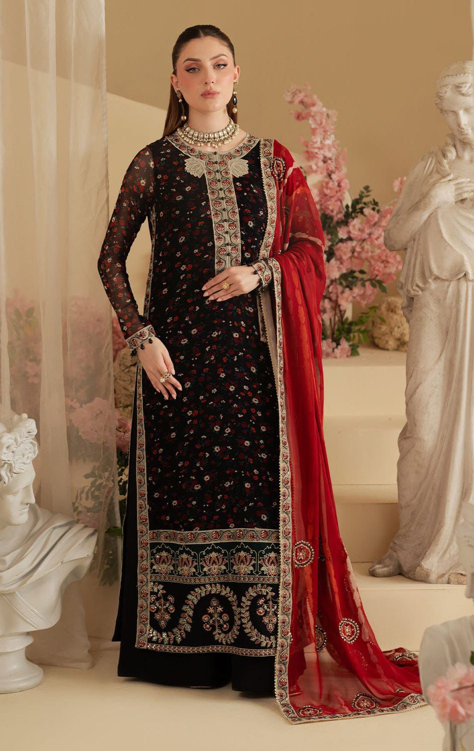 Nureh Red & Black Luxury Embroidered Chiffon 3 Piece Suit