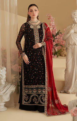 Nureh Red & Black Luxury Embroidered Chiffon 3 Piece Suit
