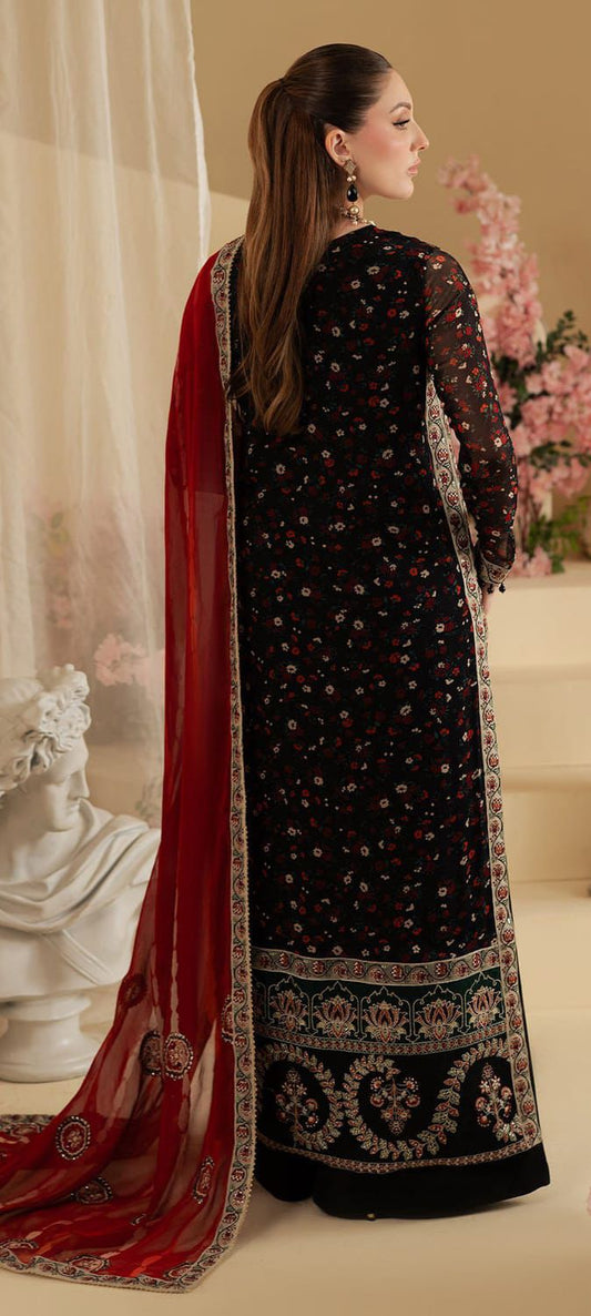 Nureh Red & Black Luxury Embroidered Chiffon 3 Piece Suit