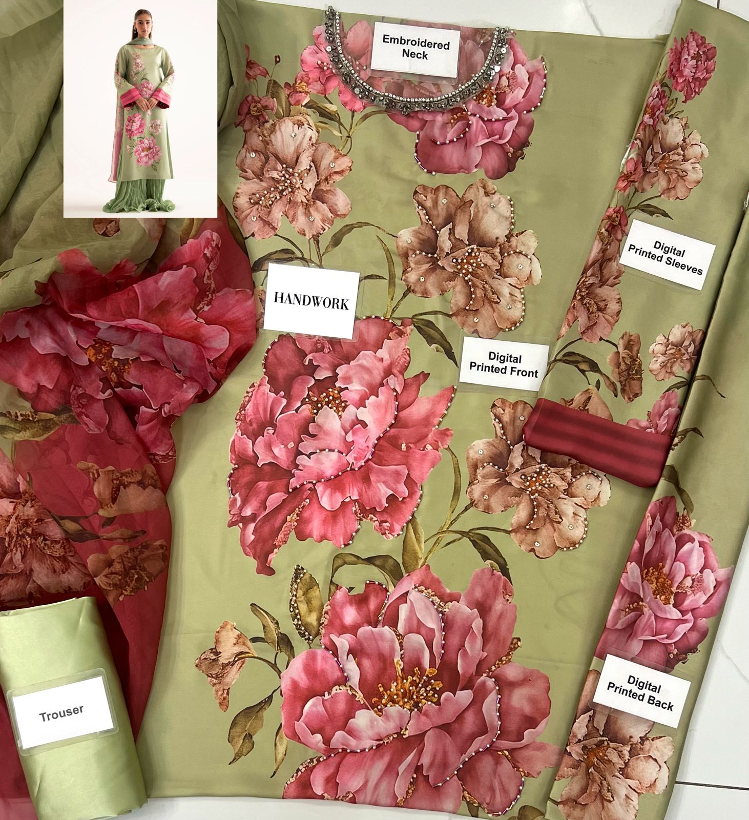 3 Piece Unstitched Silk Morich Floral Pistachio