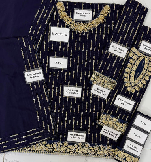 Iznik Navy & Gold Formal Wear Unstitched Chiffon 3-piece suit