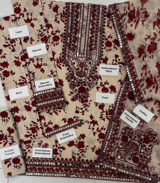 Aneelas Red Unstitched 3 Piece suit Luxury Lawn