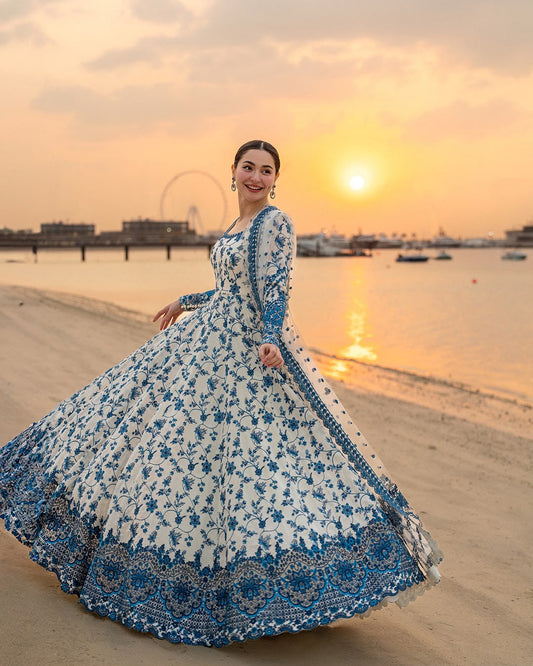 Faiza Saqlain Luxury Blue & White Maaxi