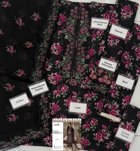 Iznik Black Floral Digital Printed Lawn 3 Piece Suit