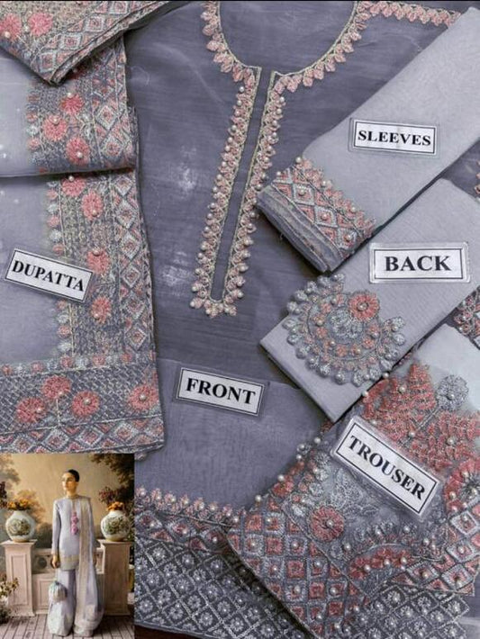 Hussain Rehar Unstitched Lavender 3 Piece Organza Suit