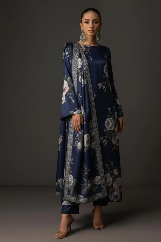 Faha Navy Blue Digital Printed Shamoz Silk 3 piece Suit
