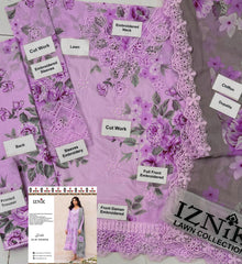 Unstiched Lawn Embroidered Chikankari 3 Piece Suit Orchid Dalfah D9 Lilac