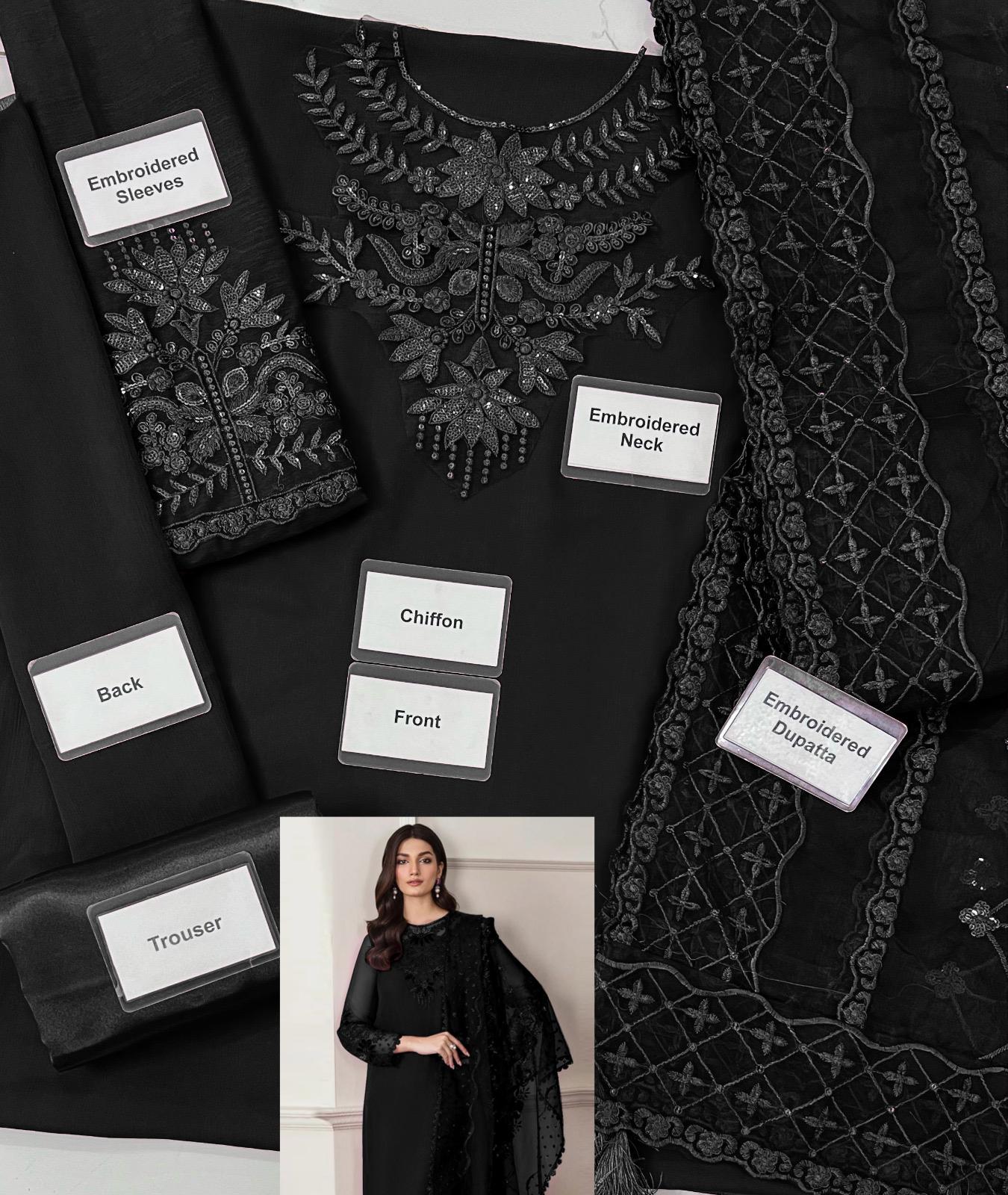 Unstiched Embriodered Chiffon + Organza 3 Piece Suit Black Color