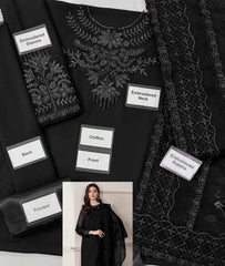 Unstiched Embriodered Chiffon + Organza 3 Piece Suit Black Color